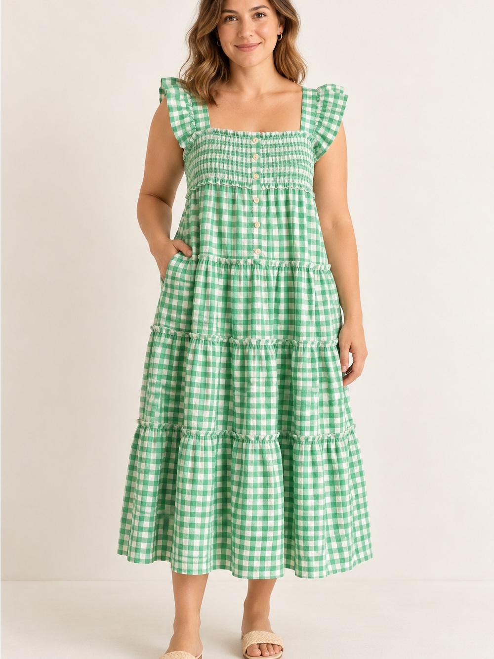 Old Navy Green Gingham Tiered Maxi Dress